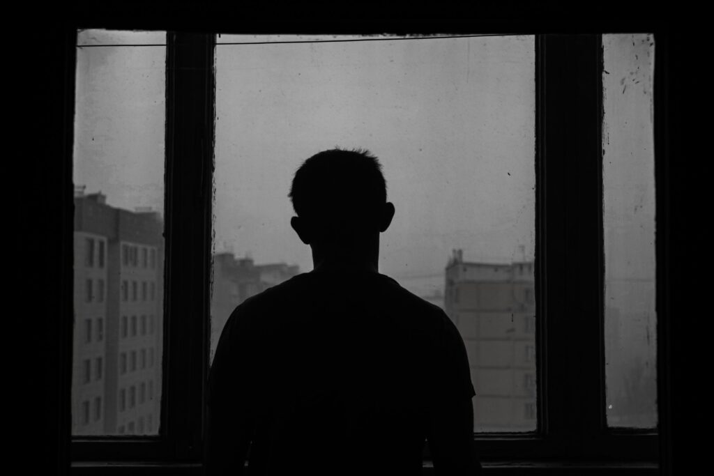 Silhouette of a person standing in front of a window, gazing outside at a row of buildings. The scene is in grayscale, evoking a somber and reflective mood, hinting at possible signs of alcoholism hidden beneath the surface.