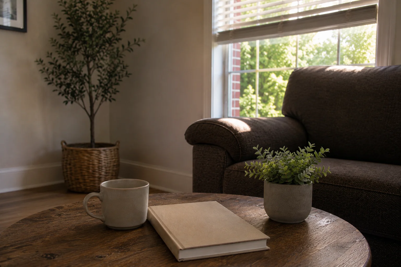 Living room with coffee table, mug, book, and comfortable chair